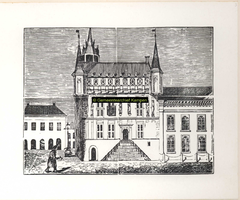 F001335 Pentekening van het Oude Raadhuis met trapopgang die verwijderd is bij de restauratie van 1899 aan de ...