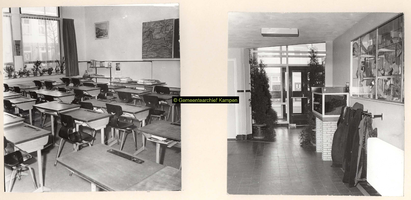 F001195 Tweemaal een interieur van de Van Wouschool aan de Noorweg nr. 92, links een klaslokaal, rechts een gedeelte ...