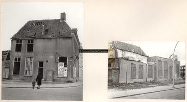 F001121 Links een foto van een woonhuis op de hoek Meeuwensteeg en Vloeddijk dat op de nominatie staat om afgebroken te ...