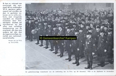 F003280 Bijeenkomst van de ontbinding der 1e W.A. op 26 dec 1935 in de Apollohal te Amsterdam. De W.A. ...