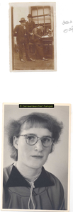 F004635 Twee foto's op 1 karton, de foto boven staat oom Jan Teune links, de andere twee personen zijn onbekend. Op de ...