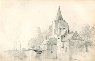 K001802 ± 50 tekeningen en schetsen, waaronder deze potloodtekening van de Hagenpoort, landschappen in Twente en/of ...