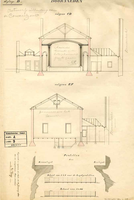 K000307 Ontwerp uitbreiding Concertzaal, doorsneden van het toneel enprofieltekeningen van kroon- en nislijsten van de ...