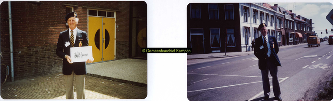 F004462 Twee foto's van Sergeant D.H. Johnson, links voor de ingang van het gemeentearchief in de Molenstraat, rechts ...
