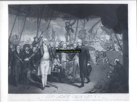 F004456 Foto van een gravure, voorstellende de aankomst van admiraal De Winter aan boord van de Venerable om daar de ...