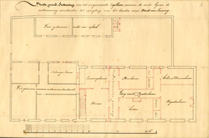 K000303 19e eeuwse plattegrond, teekening van het zoogenaamde Zegelhuis met aanduiding van een vertimmering tot ...