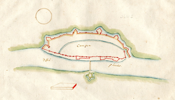 K000605 Campen, plattegrond van de vestingwerken der stad in de 17e eeuw.