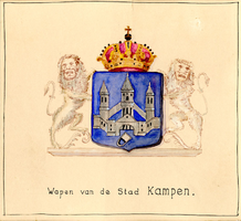 K001692 Wapen van de stad Kampen. Van lazuur beladen met een burg, voorzien met 3 torens door een ringmuur vereenigd en ...