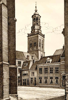 K000729 Pentekening van een aantal woningen rond de Botermarkt en de Nieuwe Toren, getekend en gesigneerd J. Bast 1965.