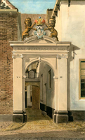K000154 Toegangspoort van het linnenweversgilde uit 1665 in de Groenestraat, wijk III nummer 160 te Kampen, een aquarel ...