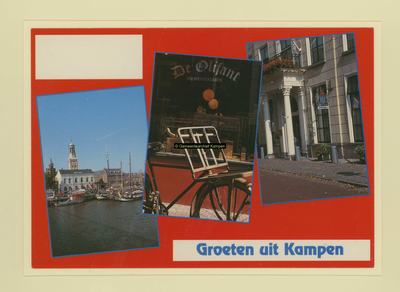 F007649 Ansichtkaart Kampen; IJssel met Nieuwe Toren, Molenbrug, huis met klokgevel aan de Vloeddijk, Oudestraat.