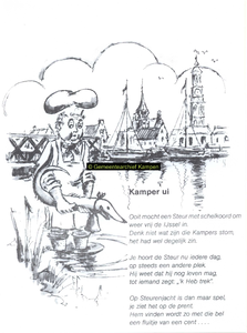 F005693 Optekening van Kamper Uien op rijm, de Oude IJsselbrug . Tekening: Jan v.d. Starre, tekst Henk de Koning.