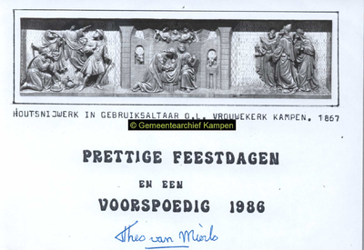 F005658 Houtsnijwerk in het gebruiksaltaar in de Buitenkerk, voorstellend van links naar rechts: de aanbidding van de ...