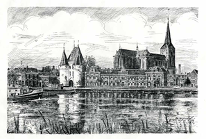 K000163 Gezicht op Kampen. De IJsselkade met Koornmarkpoort en omgeving, rechts de Bovenkerk. Gesigneerd: Jan Wilmink 1962.