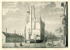 K000586 Gezicht op de noordgevel van het oude Raadhuis, getekend door Abraham Beerstraten.