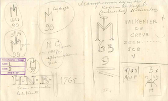 K000519 Monogrammen e.d. in de kap van de koepel (onder de bol) van de Nieuwe Toren ± 1920, mogelijk een schets van ...