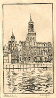 K000521 Centraal op de afbeelding het Sociëteitsgebouw 't Collegie ca. 1930, links café de Unie en achter het gebouw ...