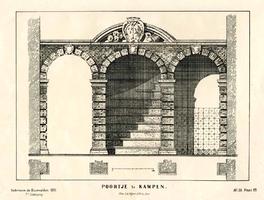 K000531 Poortje te Kampen, vooraanzicht en doorsneden pilaren van een onbekend poortje te Kampen. Uit vademecum der ...