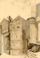 K000116 Geaquarelleerde tekening van het interieur van de Schepenzaal bij het voorportaal.