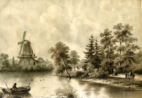K000126 Gezigt in Stads-Wandelparken te Kampen, buiten de Hagenpoort, door C.H. Hein C.C.A. Last. lith. Opgedragen aan ...