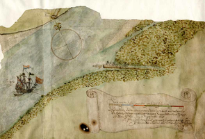 K000101 Gedeelte van een landkaart met rivier (mogelijk de IJssel bij Zutphen) en oorlogschip. Opschrift op de kaart: ...