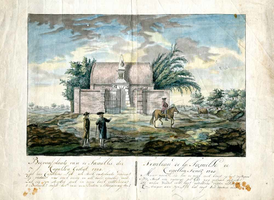 K000518 Begraafplaats van de famillei der Capellen, gestigt 1785, onder de afbeelding staat een Nederlandse en Franse ...