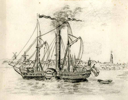 K000641 De stoomraderboot Drusus op de IJssel voor Kampen (19e eeuw).