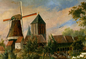 K000323 De korenmolen bij de Hagenpoort en Buitenkerk, de molen van van Raalte brandde op 17 september 1879 tot op de ...