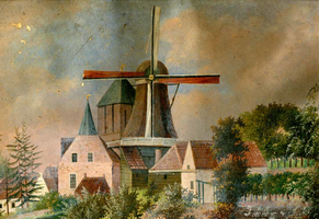 K000324 De korenmolen bij de Hagenpoort en Buitenkerk, de molen van van Raalte brandde op 17 september 1879 tot op de ...