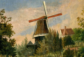 K000361 De korenmolen bij de Hagenpoort en Buitenkerk, de molen van van Raalte brandde op 17 september 1879 tot op de ...