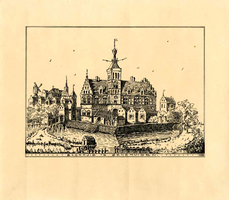 K000601 Blokhuis te Genemuiden in de 16e eeuw, getekend en gesigneerd A.J. Reijers 1922.