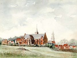 K000068 De Nederlands-hervormde kerk te IJsselmuiden en directe omgeving gezien, getekend en gesigneerd A.J. Reijers, ...
