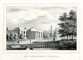 K000044 Het geregtshof te Zwolle, gedrukt bij H.J. Backer, geteekend door F.A.C. Hoffmann (geb. 1822 - overl. 1889) ...
