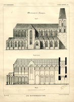 K000183 St. Nicolaas- of Bovenkerk te Kampen. Opstand noordelijke zijgevel en lengtedoorsnede van de kerk.