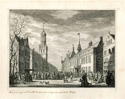 K000609 Magistraet en gemeente der Stad Kampen in de Oudestraat bij het Oude- en Nieuwe Raadhuis, gaen collegialiter na ...