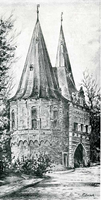K000616 Reproduktie van een tekening door T. Evink van de stadzijde van de Cellebroederspoort aan de 1e Ebbingestraat. ...
