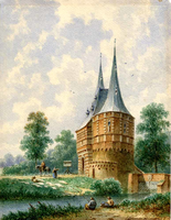 K000595 De Cellebroederspoort met op de voorgrond de rivier de Reve en sluis. Aquarel uit 1866 van Eduard Alexander ...
