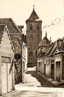 K000733 De Herensmitsteeg (tussen Achterom en Oudestraat) in het Keizerskwartier, getekend en gesigneerd J. Bast 1966.