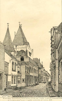 K000157 De Voorstraat met de Koornmarktspoort ter hoogte van de Vergietensteeg, de straat bestaat al sinds 1440 en werd ...