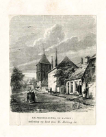 K000737 Een beeld van de Kalverhekkenweg en de de Buitenkerk-toren in de 2e helft 19e eeuw, tekening op hout van W. ...