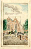 K000570 Gezicht op de Broederbrug en de Broederkerk, een geaquarelleerde tekening van Jac.s Schikkel uit 1809. De ...