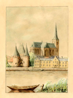K000633 Gezicht over de IJssel op de Koornmarktpoort en Bovenkerk, een tekening van J.A. van Dijk 1954.