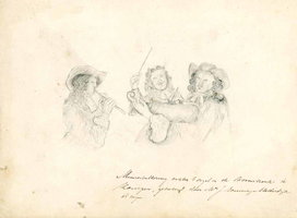 K000722 Een potloodtekening van drie muziekanten, een blokfluitspeler, een violist en een dirigent uit ca. 1900, ...