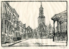 K000666 Nieuwe Markt met muziektent en de Nieuwe Toren, een tekening op rijstpapier uit ca. 1930. Het plein is onstaan ...