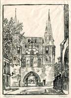 K000627 Stadszijde van de Broederpoort, een tekening op rijstpapier uit ca. 1930.