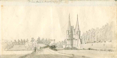 K000608 De Broers poort te Kampen, als titel van deze tekening. Gezicht van het voorliggende bolwerk bij de ...