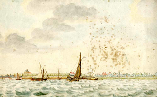 K000141 De IJssel en de IJsseloever en toegang naar het Kikkergat aan de zijde van IJssselmuiden, een geaquarelleerde ...