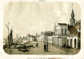 K000715 Gezigt aan de kade bij de IJsselbrug in de periode 1840 - 1860 een lithografie naar een schilderij van J.J. Fels.