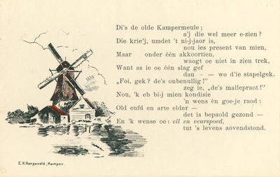 F002775 Een serie van prentbriefkaarten met nieuwjaarswensen in het Kamper dialekt met een tekening van E.H. Hengeveld ...