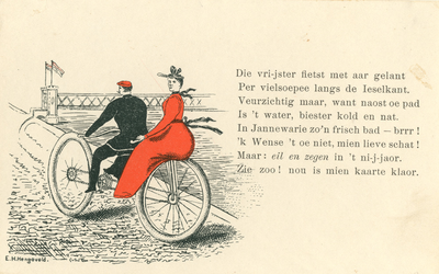 F002779 Een serie van prentbriefkaarten met nieuwjaarswensen in het Kamper dialekt met een tekening van E.H. Hengeveld ...